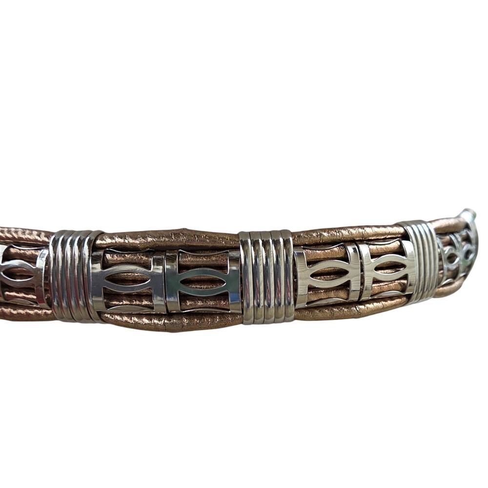 Vintage 80s Gold Copper Silver Belt M/L Etched Buckle Guard Tip Office Siren - Picture 4 of 11